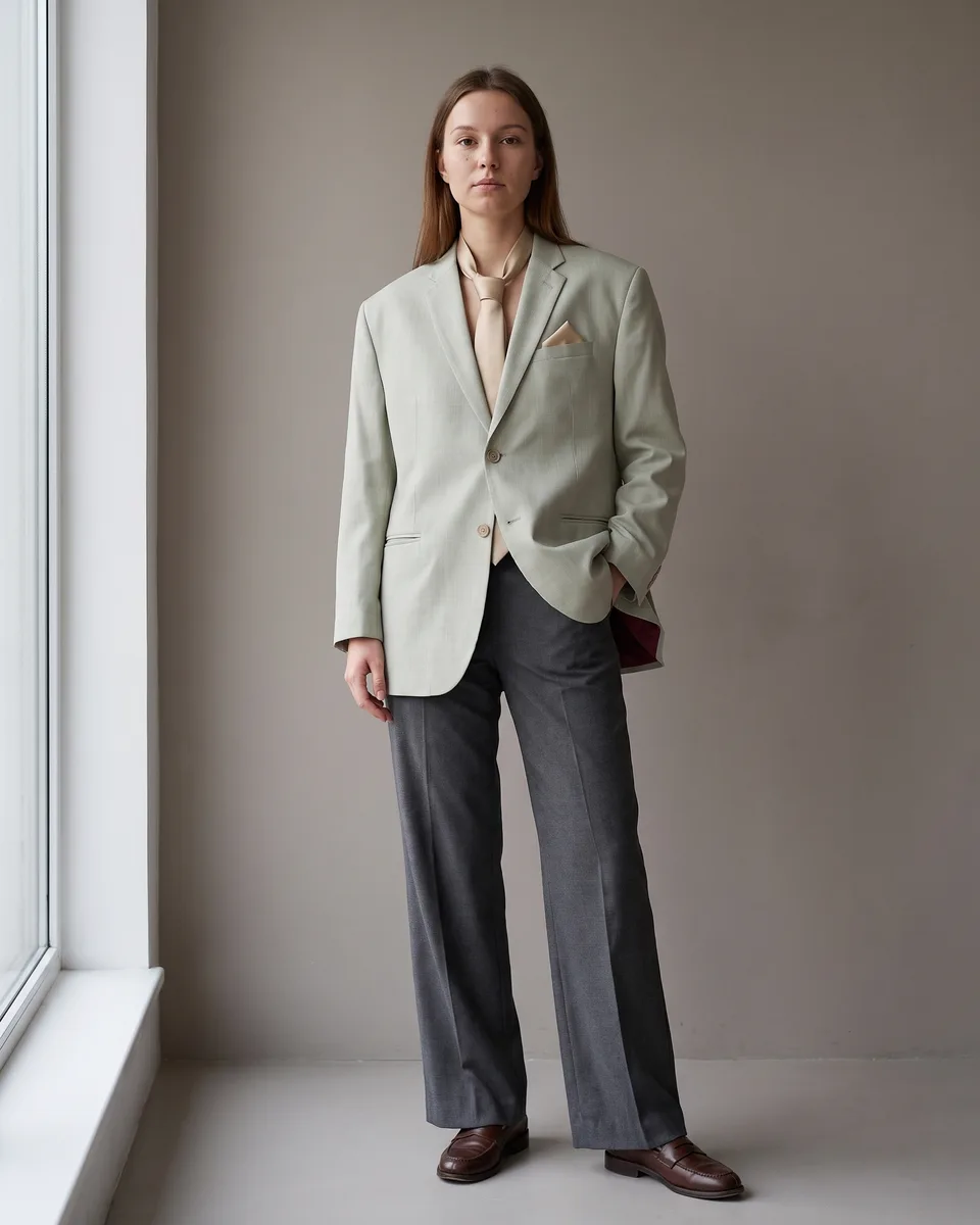 The same blazer worn by an AI model by a window