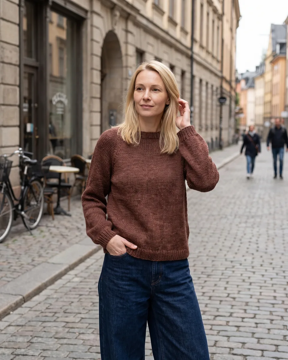 The same brown jumper worn by an AI model on an old-town street