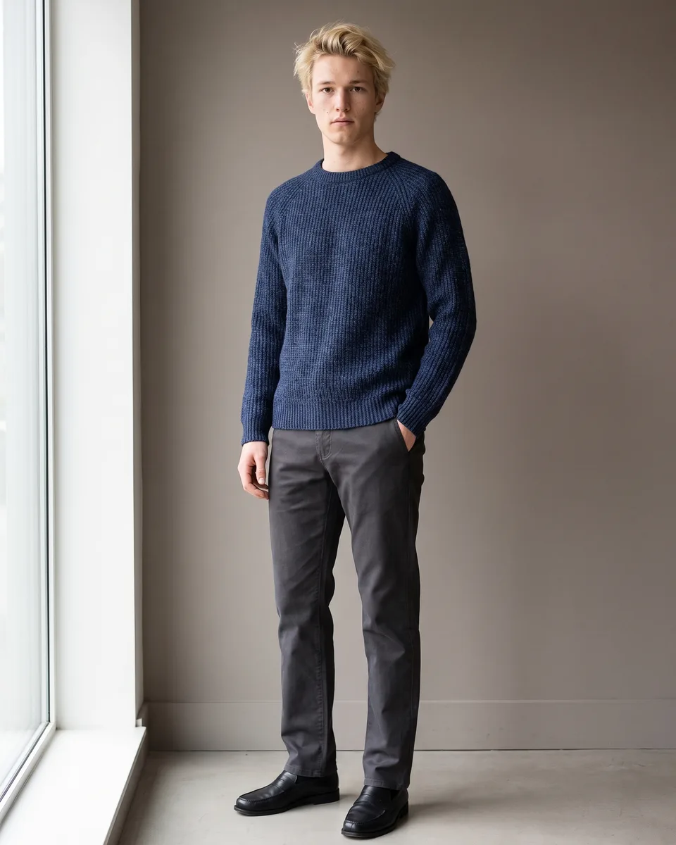 The same navy jumper worn by an AI model by a window