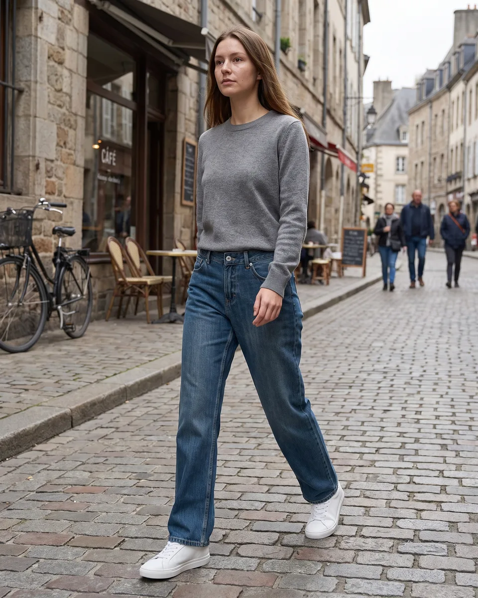 The same jeans worn by an AI model on an old-town street